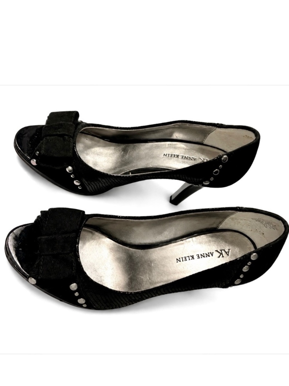 Anne Klein Black Suede Bow Peep-Toe Mid Heels with Stud Accents